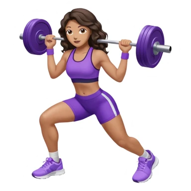 mujer de tez trigueña, con cabello castaño oscuro ondulado con pequeñas ondas, con el cabello super largo hasta las rodillas estilizado, con ropa deportiva morada/lila, tenis blancos deportivos y levantando una pesa sticker