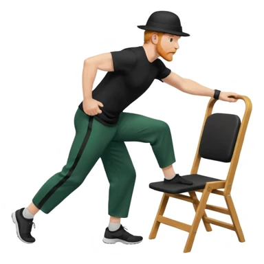 גבר זקן ג'ינג'י מלא כובע שחור הפוך חולמה שחורה ומכנסיים ירוקות ארוכות מבצע תרגיל לאנג' בתמיכת כיסא מהצד שתי רגליים על הרצפה מח^זיק כיסא בידו  תמיכה קלה ידו על משענת הכיסא sticker