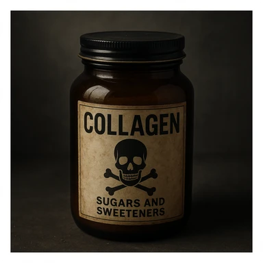 realistic collagen jar seen as poison, label with sugars and sweeteners, skull or toxic symbol, threatening atmosphere, neutral background sticker
