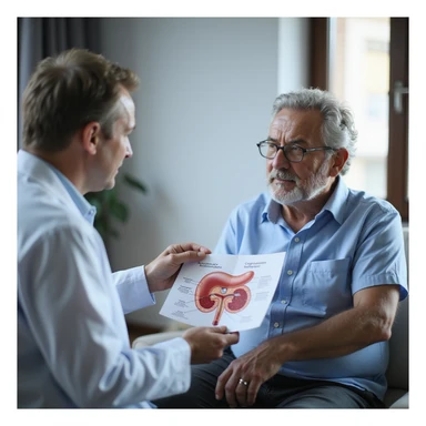 clinical scene of a doctor explaining to an adult patient a diagram with pancreas and blood glucose, prevention atmosphere, Italian text 'Prevenzione e gestione del diabete di tipo 2', 4K quality sticker