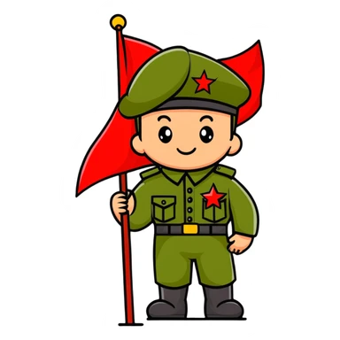 military boy in Soviet green uniform holding a red flag with "9 мая" sticker