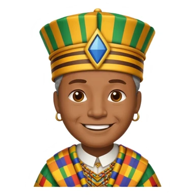 Create an emoji of an old African king wearing kente cloth and white shirt with an african kufi hat sticker