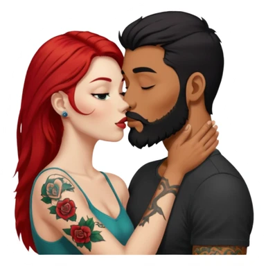 Long red hair woman with white skin kissing man with tan skin, short black hair, beard, & tattoos sticker