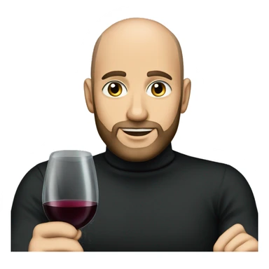 A handsome bald man with a short beard and blue eyes in a black turtleneck with a glass of wine sticker