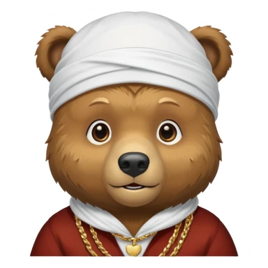 cute Russian grizzly bear wearing a white durag, with a gold chain sticker