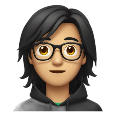 Asian Guy with long black hair and square glasses and black hoodie sticker