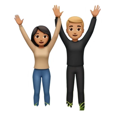 A 3D cartoon couple on top of a hill raising hands in victory, sunny sky and nature background, Memoji-style. inside photo frame. sticker