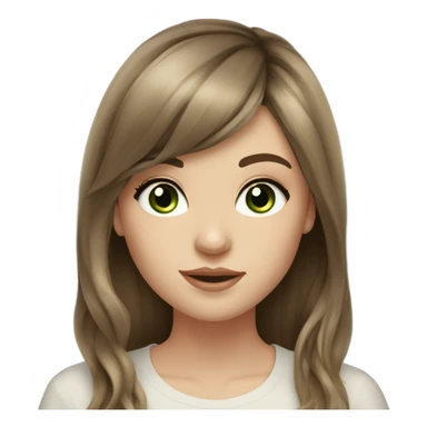 White girl with long voluminous brown hair with brown highlights balayage, green eyes and bangs sticker