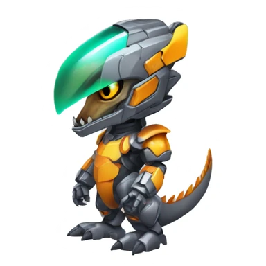 Colorful Edgy Chibi Greymon-Velociraptor-Genesect-Fakémon-Pokémon wearing a with a futuristic visor-helmet And Mecha-suit Full Body sticker