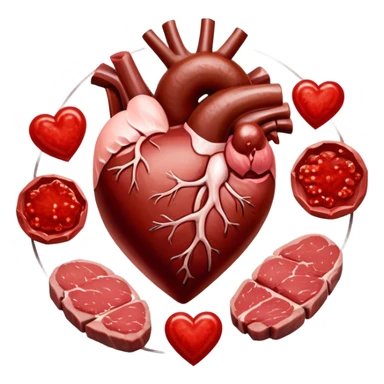 Several cuts of steak, beef, and liver arranged in a circle around a pulsing heart and bright red blood cells. Red energy flows from the meat into the blood cells, which then carry oxygen to the heart and muscles, representing iron's role in energy production. sticker