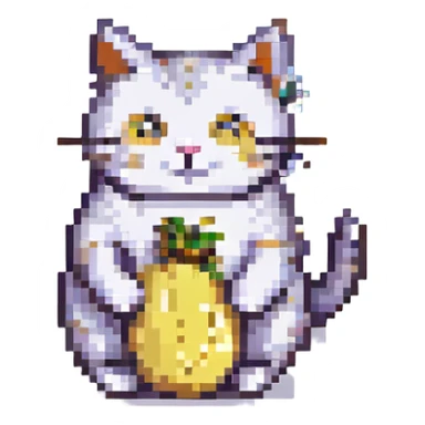 goofy cat with a banana body, pixel art style, retro game look sticker