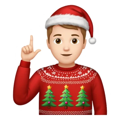 A guy pointing up with one hand and he has a christmas sweater sticker