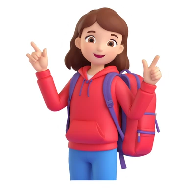 young girl with red backpack, left hand pointing up to the left, emoji style, cheerful expression sticker