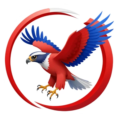 a realistic falcon in a downward spiral, wings tucked, sense of speed, falcon colored red, white, and blueish sticker