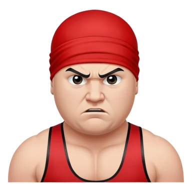 Close-up of white skin fat guy no muscle with prominent black durag, completely shaved face, no beard or mustache, black eyes in a red and black wrestling singlet with angry face sticker