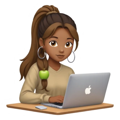 cute black girl with long hair in a ponytail, sitting at an Apple laptop, wearing soft aesthetic clothing sticker