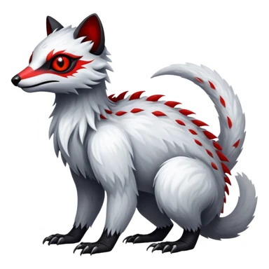 a white and silvery exotic edgy vernid-fionbr-Fakémon-creature, with black belly and red eyes, full body sticker