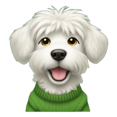white fluffy dog with blonde ears wearing a green gap sweater sticker