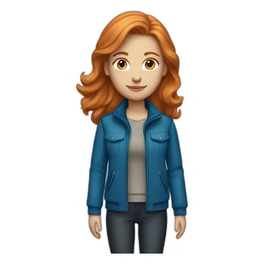 Straight, ginger hair and blue eyes woman with a Canadian jacket sticker