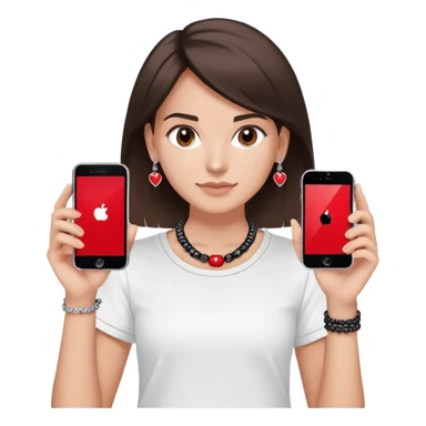 brunette girl with wavier medium length hair, brown eyes, light/medium skin tone, holding two phones - one iPhone and one plain black phone without Apple logo, wearing red Adidas t-shirt, simple silver hoop earrings, and a colorful beaded charm necklace sticker