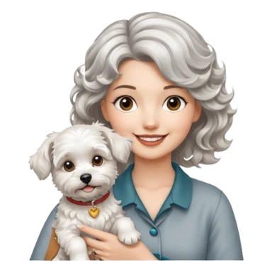 silver, short, wavy-haired with loose curls, smiling pretty lady holding a westie dog and a lhasa apso dog sticker