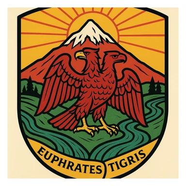 A crest design featuring a snowy mountain on another mountain, a double-headed eagle with one head facing left, two rivers called Euphrates and Tigris flowing beneath, the sun in the background, and a color scheme dominated by yellow, red, and green. sticker
