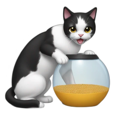 A black and white cat fighting with a pet feeder machine sticker