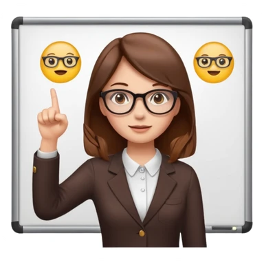 Make an emoji of a girl with brown hair who is teaching how to make emojis on a board pointing to the board like a teacher sticker
