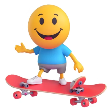 3D smiley emoji, round shape, with skateboard, sporty face sticker