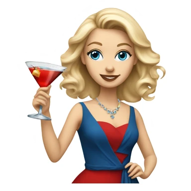 Beautiful blonde white woman with blue eyes and red dress dancing with martini sticker