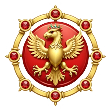 Golden griffin crest / brosch in a circle with red gems and no background sticker