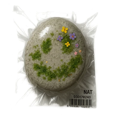 smooth light gray stone with patches of moss and scattered small colorful flowers, glossy sticker