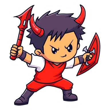 Anime devil boy with spiky black hair, red horns, and a battle axe sticker