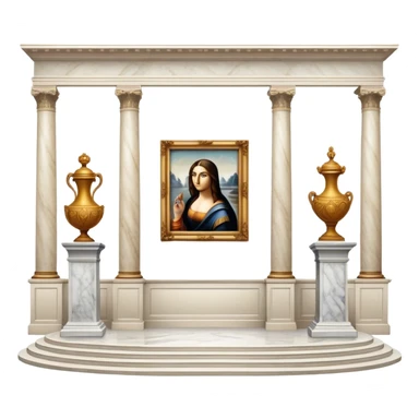 An icon featuring an elegant art gallery with classic paintings hanging on the walls, and sculptures displayed on pedestals. Visitors admire the exhibits, capturing the essence of culture, history, and art. Set against a transparent background. sticker