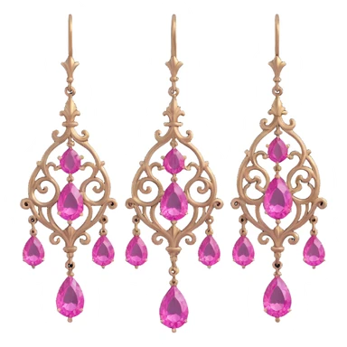 3D gothic chandelier earring with pink crystals, dramatic and ornate sticker