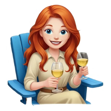 Laughing redhead with long hair and blue eyes holding white wine sitting in chair beside fire pit sticker