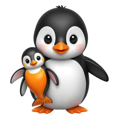 A cute penguin doll holding an orange fish doll in its hands.
A house of ice behind it. sticker