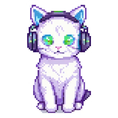 a cat wearing headphones, pixel art style sticker