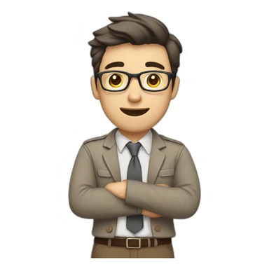 To belt Actively gesturing with hands 👌 Pale skinned fit man with dark brown hair in gray jacket, beige office shirt, brown tie, brown pants and vintage glasses. sticker