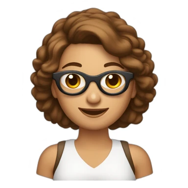 mujer feliz con piel blanca con gafas cabello en el hombro y de color marron con un computador en la mano sticker