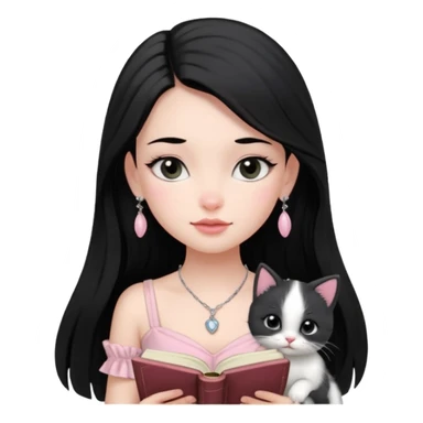 Menina branca ,cabelos cor preta longos, olhos cor preta puxados para cima. Cílios longos, lábios grossos ,nariz pequeno ,vestido rosa claro de alça. Colar e brinco delicado. Lendo um livro com gatinho preto e branco. sticker