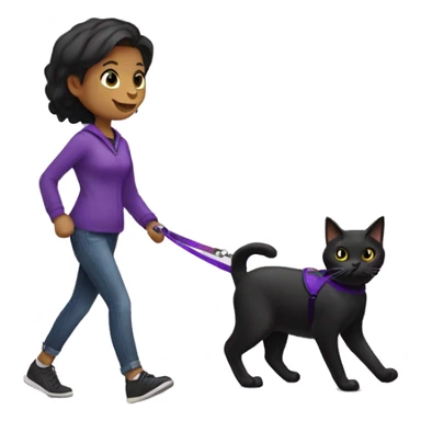 Black cat with a purple leash going for a walk with a dark hair female  sticker