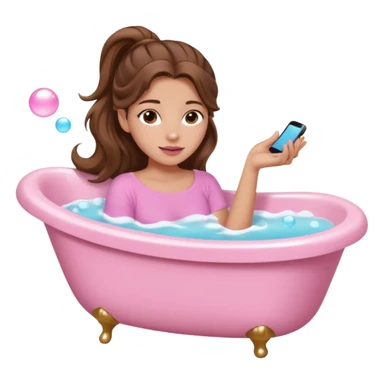 girl with wavy long ponytail brown hair, brown eyes, light to medium complexion, long lashes, light pink lipstick, wearing light pink shirt, lying full body in a white bathtub with bubbles sticker