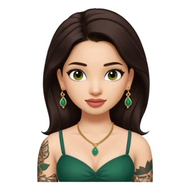 pretty bratz genmoji that looks like tamannah bhatia (bollywood actress), wearing a dark green sweetheart neckline top, dark brown hair, light makeup, no necklace, dangly earrings, side hair part, dark brown eyes, with full tattoos and neck tattoo big sticker