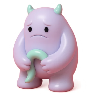 small monster with drooping shoulders, holding its own tail, gentle lighting, subtle colors, toy-like vinyl figure style sticker