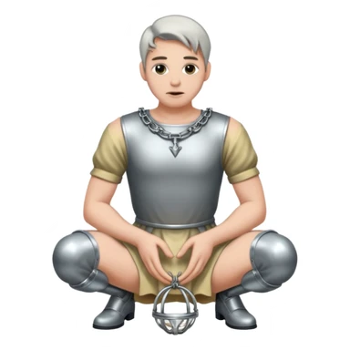 Submissive man on knees wearing female clothes and chastity sticker