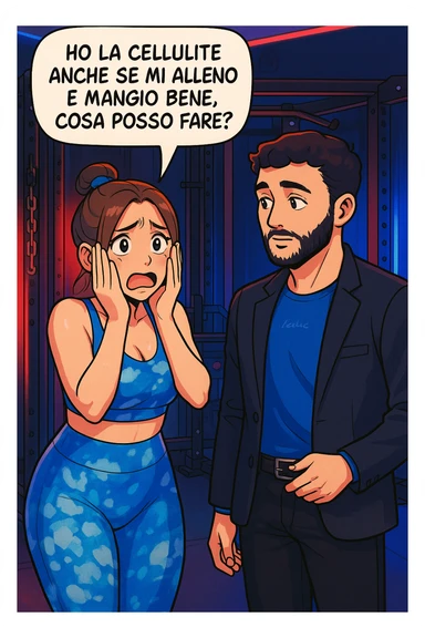 TRASFORMA QUESTO CAROSELLO IN UN FUMETTO STILE WEBTOON/MANGA A COLORI CON QUESTE DUE PERSONE IDENTICHE CHE INTERLOQUISCONO TRA LORO, LA DONNA è DISPERATA CON LE MANI SULLE GUANCE E STA DOMANDANDO TUTTA AGITATA UNA COSA ALL'UOMO:

LEI (DONNA): Ho la cellulite anche se mi alleno e mangio bene, cosa posso fare? sticker