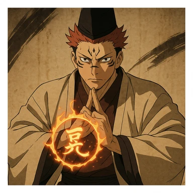 Ryomen Sukuna from the Heian era, serious expression, not smiling, using Ryoi Kenkai technique, traditional Japanese attire, anime style sticker