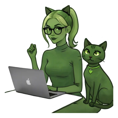 Blonde woman ponytail  with cat and MacBook  sticker