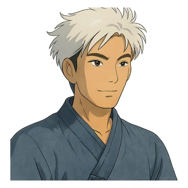 white haired handsome Chinese man in ghibli style, detailed and expressive sticker